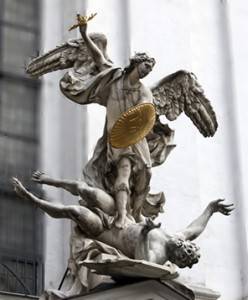 Statue of Saint Michael with gold shield and sword in center of Vienna, Austria