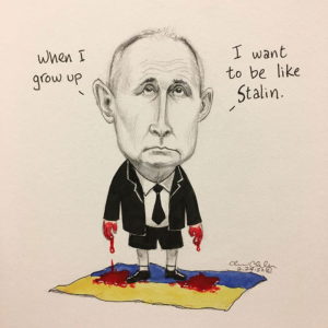 Cartoon of Putin standing on a Ukrainian flag